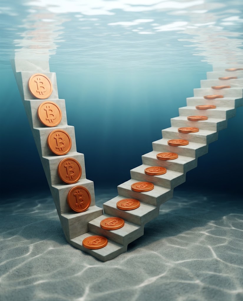 A submerged staircase descending in four tight steps then climbing back in eight stretched ones, a bitcoin coin on each