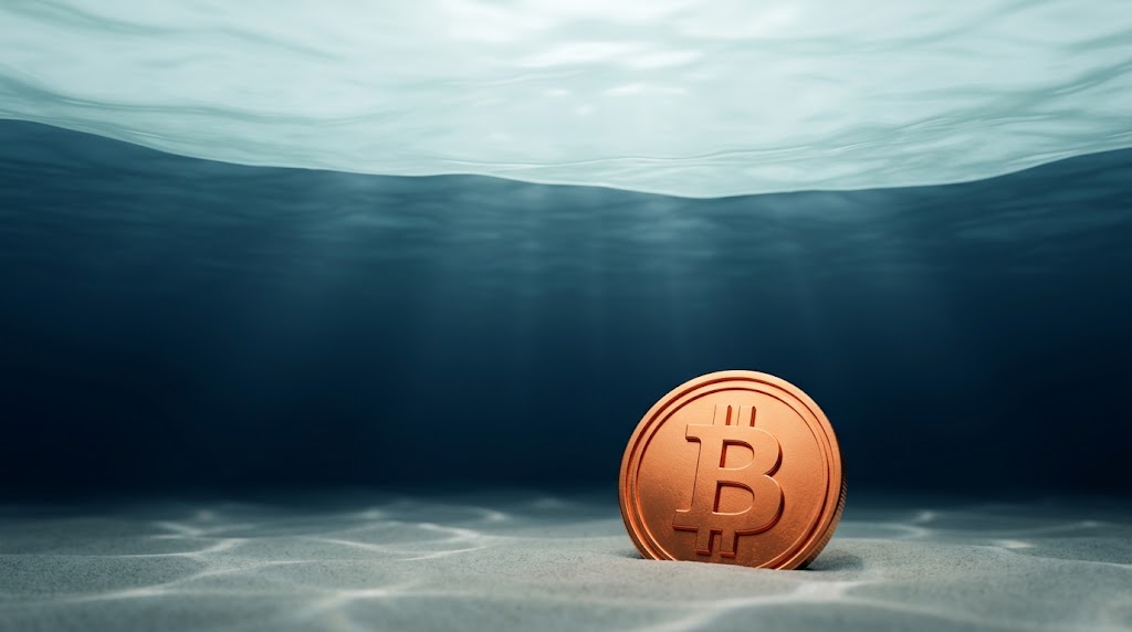 A bitcoin coin resting on the bed of clear water, far below a sunlit surface