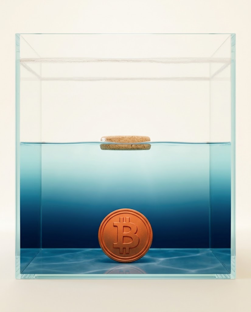 A half-empty tank with a limescale mark high on the glass, a cork float sitting on the water and a bitcoin coin at the bottom