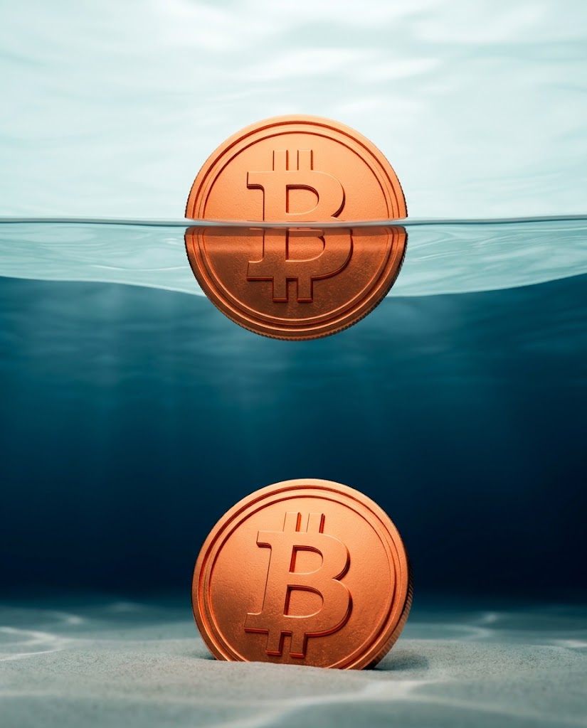 Two identical bitcoin coins in the same water, one half-emerged at the surface, the other submerged well below