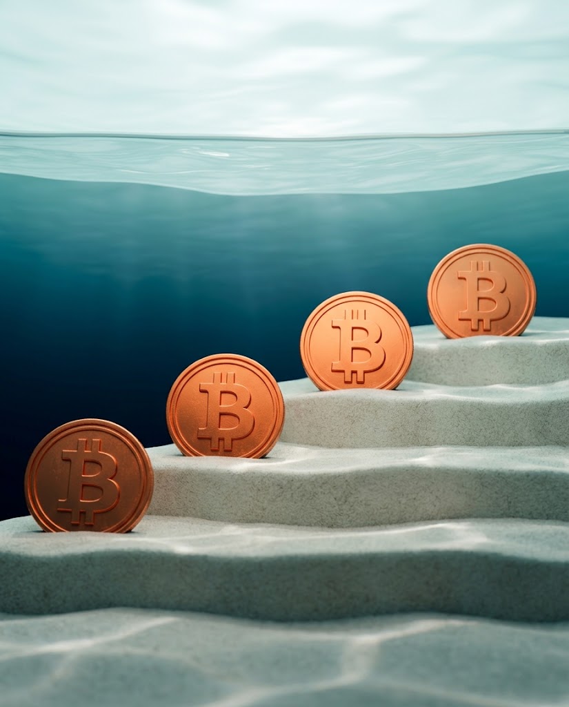 Four bitcoin coins resting at four different depths under one surface, the deepest on the left and the shallowest on the right