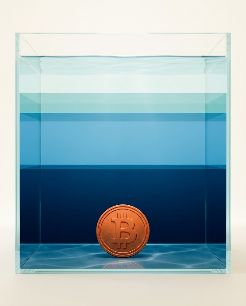 A water column split into four layers of very unequal thickness, the darkest and thickest at the bottom, with a bitcoin coin resting in it